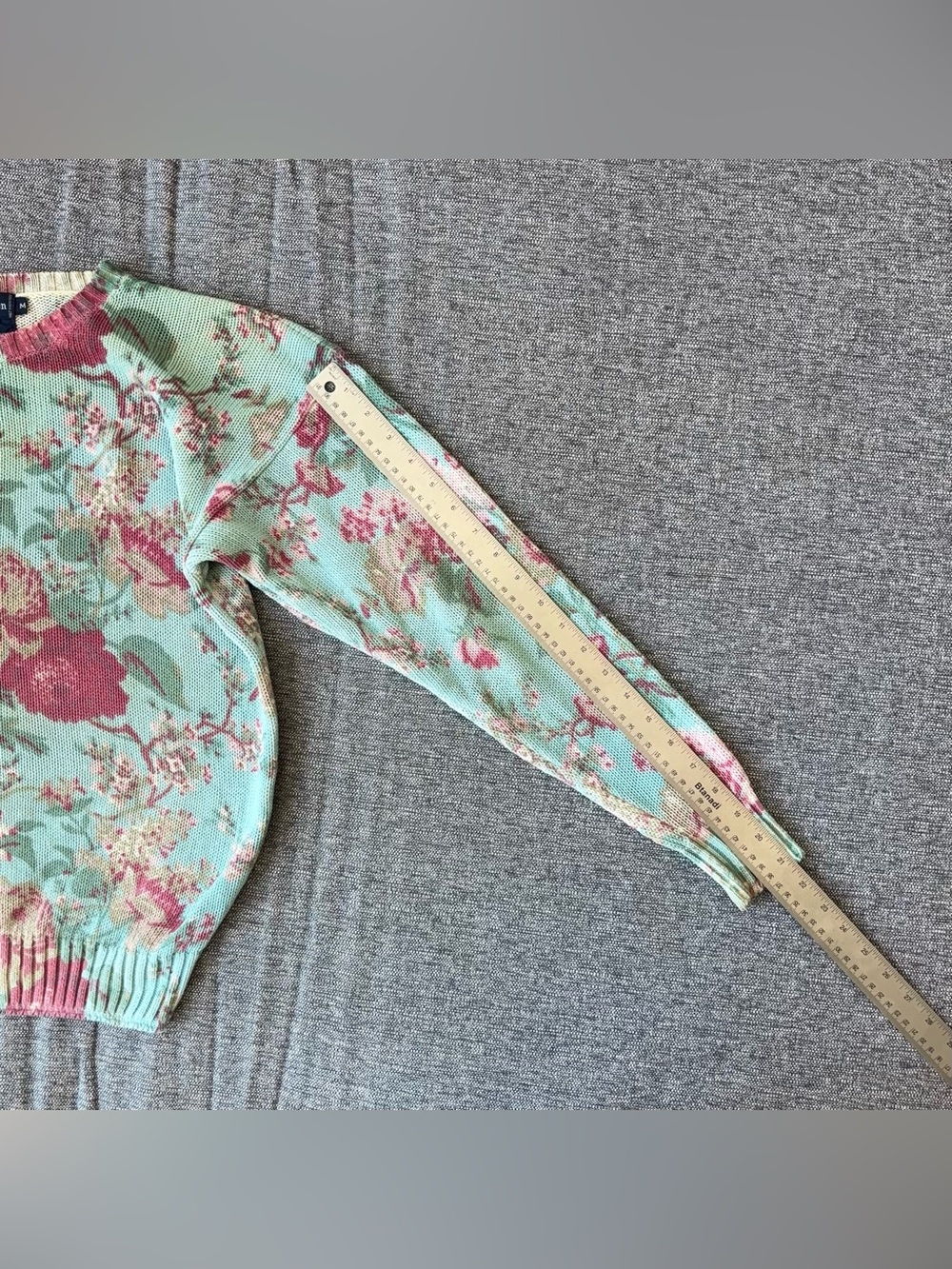 Vintage Ralph Lauren Teal Floral Sweater Size M Ramie Cotton Blend Blue Label - Picture 10 of 12